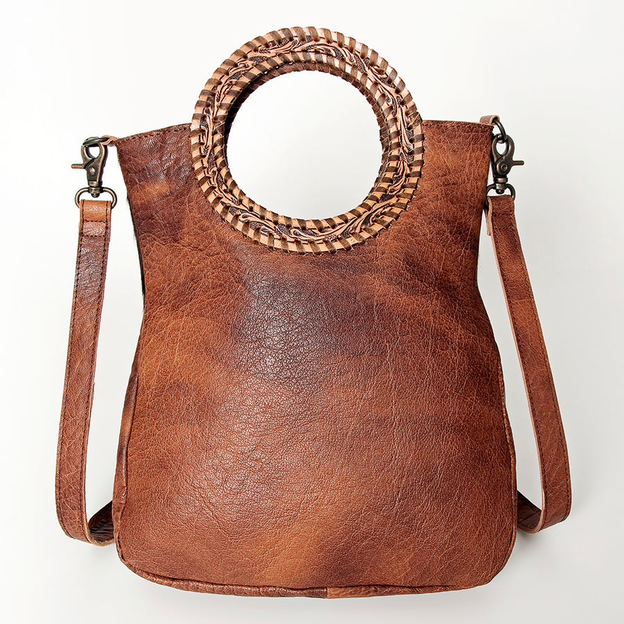 American Darling Clutch Bag Western Leather Hand Tooled Floral Carved Hair-On Cowhide Turquoise Concho & Fringes 14x12