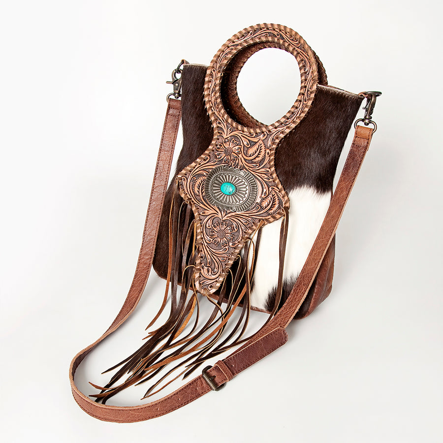 American Darling Western Clutch Bag Hand Tooled Floral with Hair-On Cowhide and Fringes - Hilason