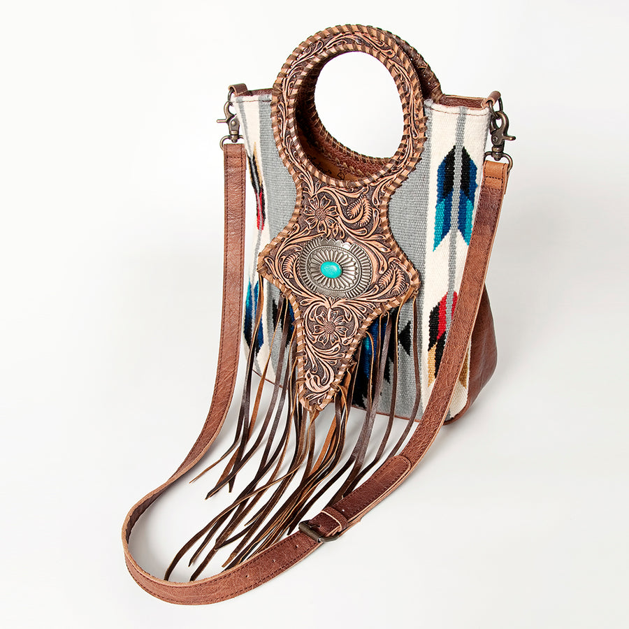 American Darling Western Clutch Bag Hand Tooled Floral with Hand Woven Saddle Blanket and Fringes - Hilason