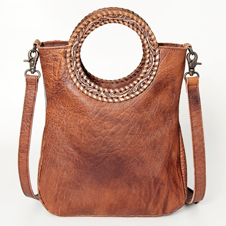 American Darling Clutch Bag Western Leather Hand Tooled Floral Carved Hair-On Cowhide Turquoise Concho & Fringes 14x12