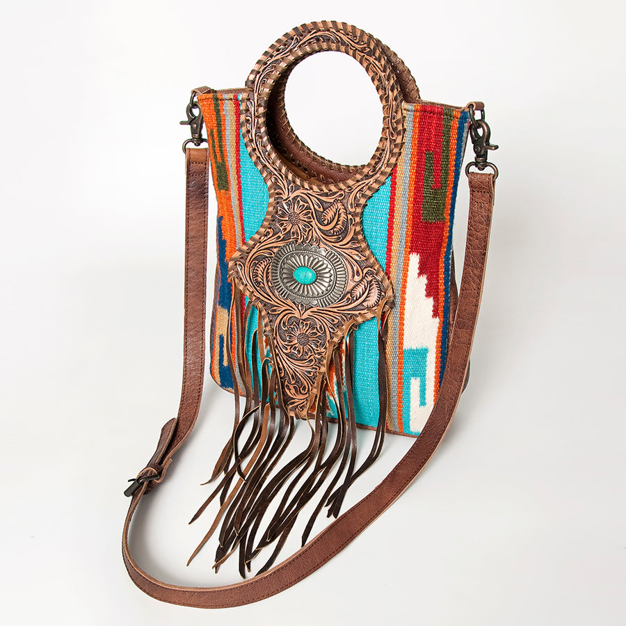 American Darling Western Clutch Bag Hand Tooled Floral with Hand Woven Saddle Blanket and Fringes - Hilason