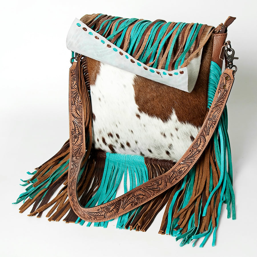 American Darling Messenger Bag Western Leather Hair-On Cowhide with Turquoise Concho Fringes Hand Tooled Strap 12x15