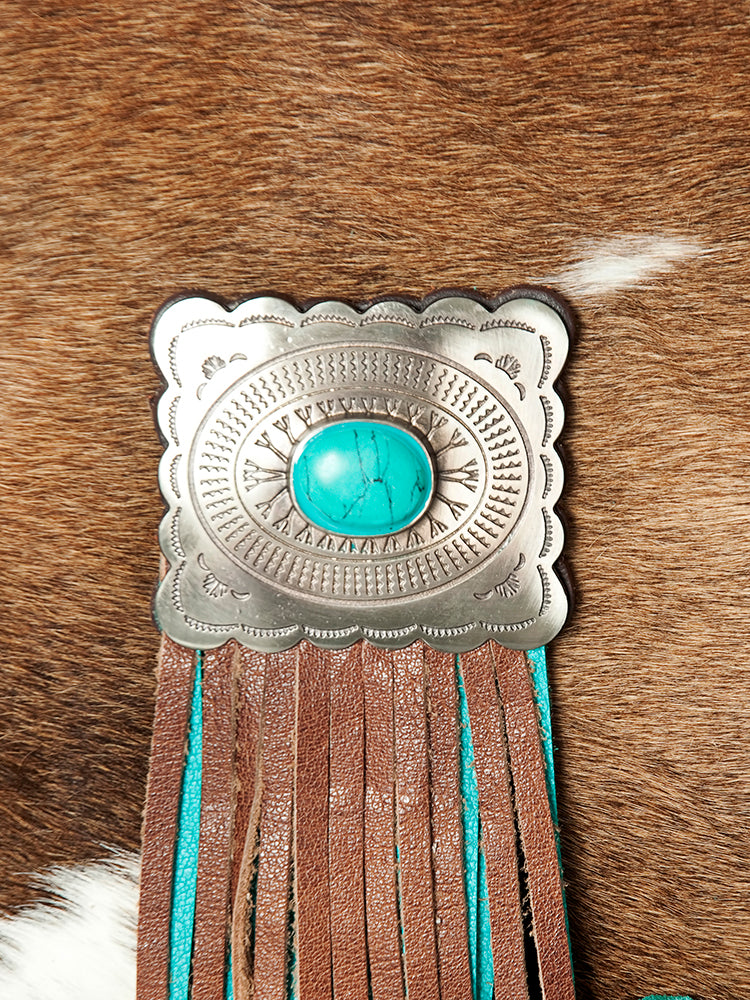 American Darling Messenger Bag Western Leather Hair-On Cowhide with Turquoise Concho Fringes Hand Tooled Strap 12x15