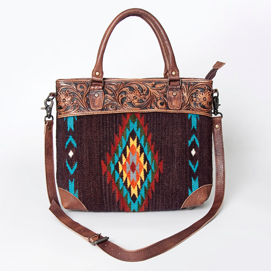 American Darling Tote Bag Western Leather Hand Tooled Floral Carved Hand Woven Saddle Blanket Genuine Leather 12x16
