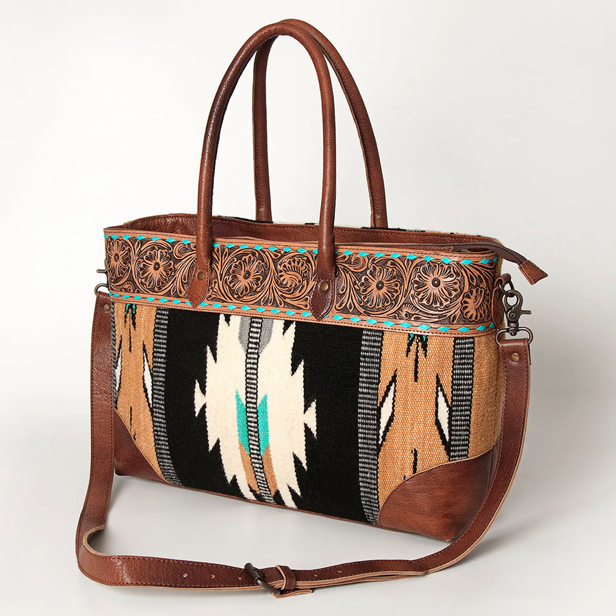 American Darling Western Tote Bag Hand Tooled Floral Carved with Hand Woven Saddle Blanket - Uhorse