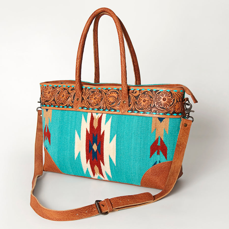 American Darling Western Tote Bag Hand Tooled Floral Carved with Hand Woven Saddle Blanket - Uhorse