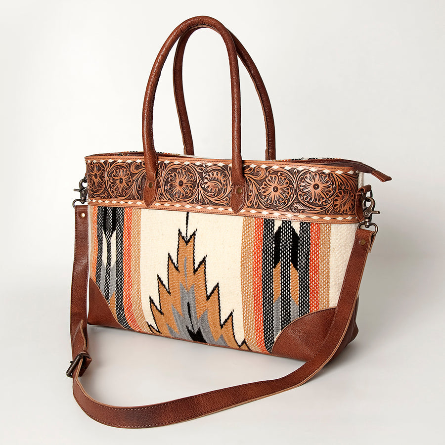 American Darling Western Tote Bag Hand Tooled Floral Carved with Hand Woven Saddle Blanket - Uhorse