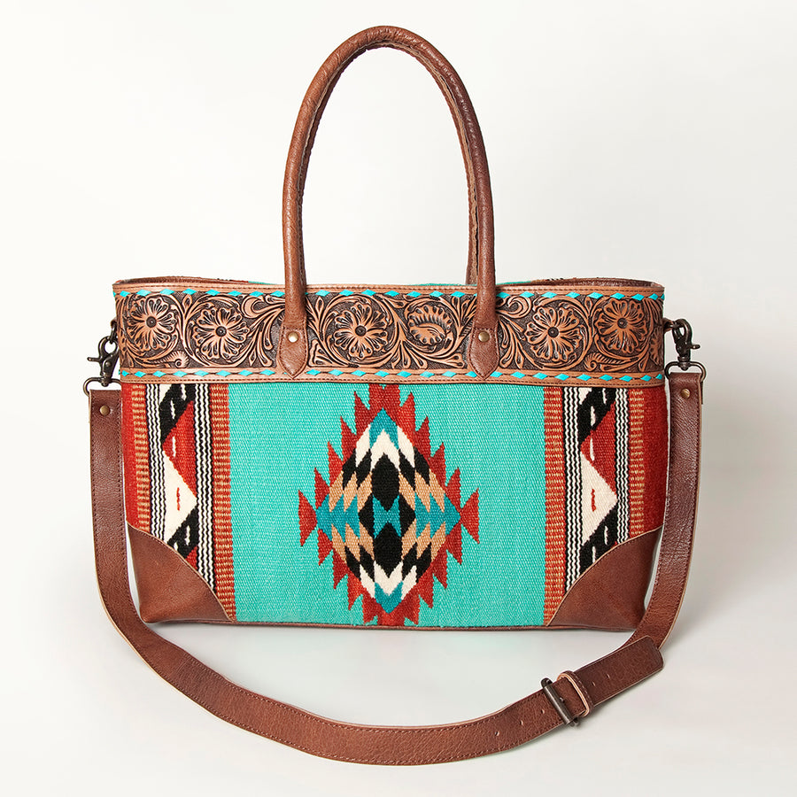 American Darling Tote Bag Western Leather Hand Tooled Floral Carved Hand Woven Saddle Blanket Genuine Leather 12x16