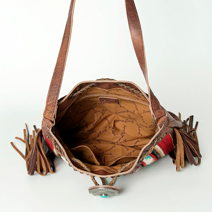 American Darling Bucket Bag Western Leather Hand Woven Saddle Blanket Turquoise Concho Fringes Tassels 11in x 14in