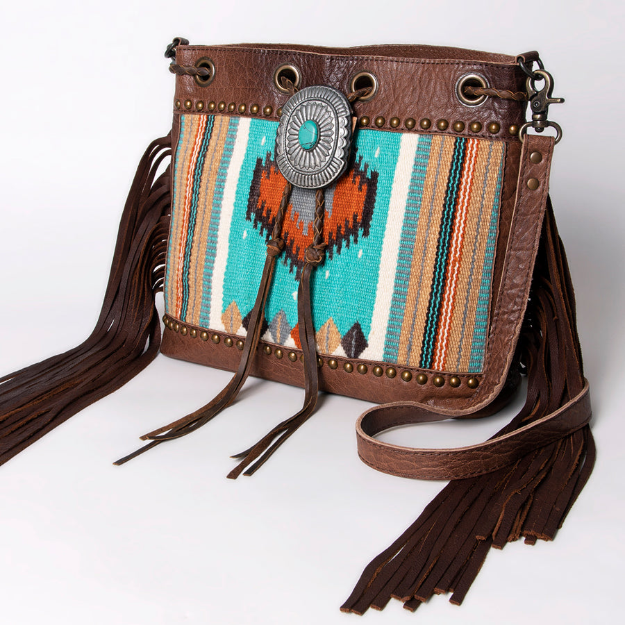 American Darling Western Bucket Bag with Hand Woven Saddle Blanket and Turquoise Concho - Uhorse
