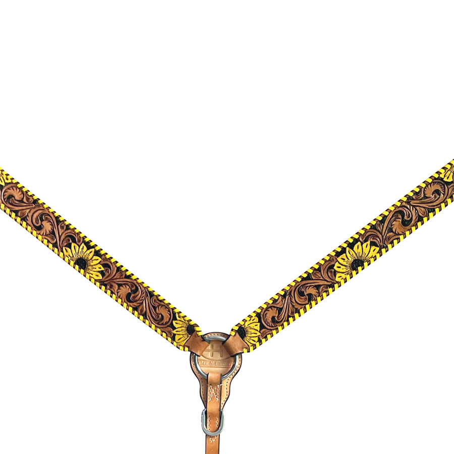 Leather breast collar with yellow and brown tooled design - Uhorse
