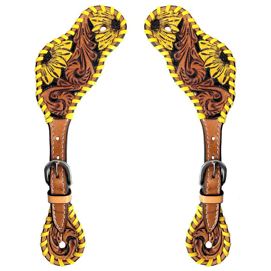 Leather spur straps with yellow and brown tooled floral design - Uhorse