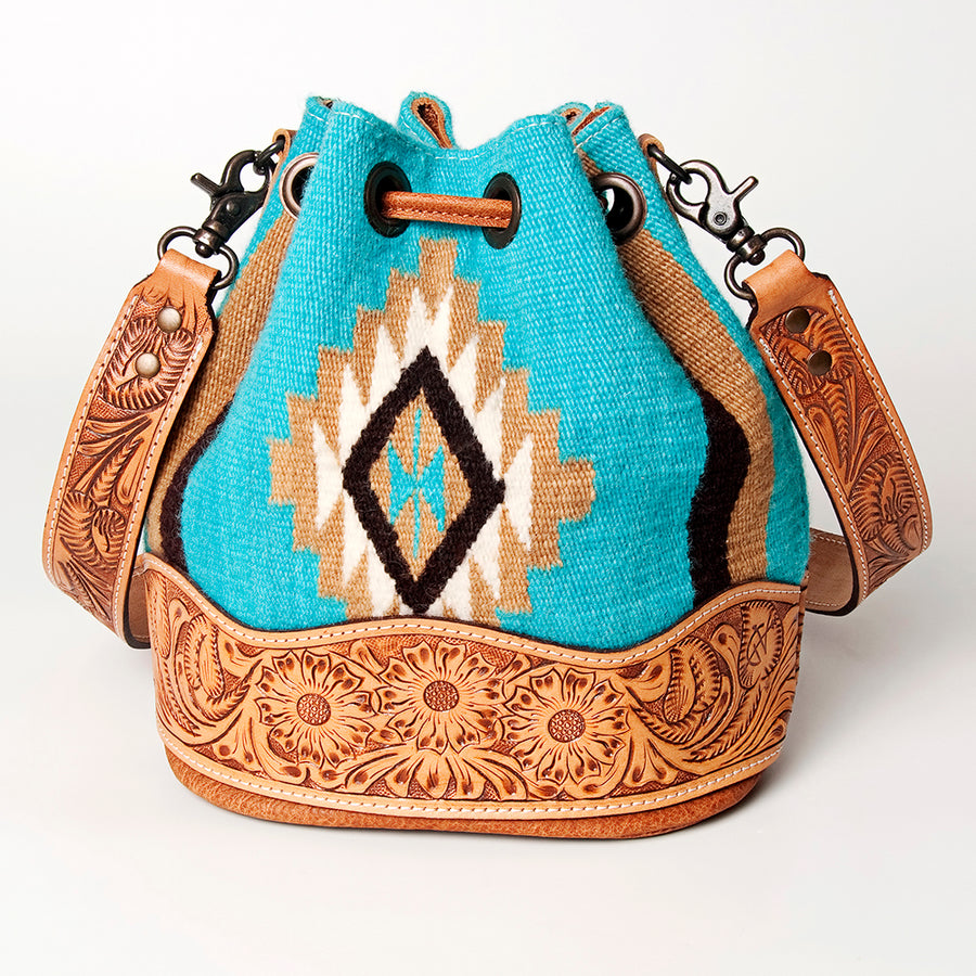 American Darling Bucket Bag Hand Tooled Floral Carved Hand Woven Saddle Blanket Leather Purse with YKK Zipper