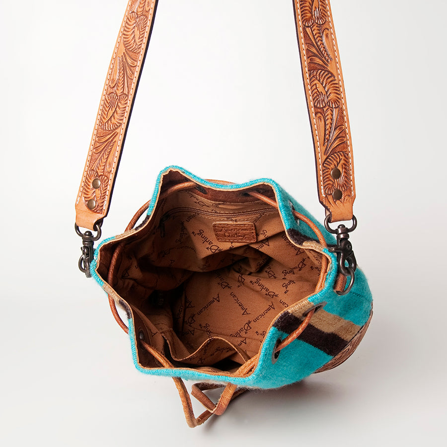 American Darling Bucket Bag Hand Tooled Floral Carved Hand Woven Saddle Blanket Leather Purse with YKK Zipper