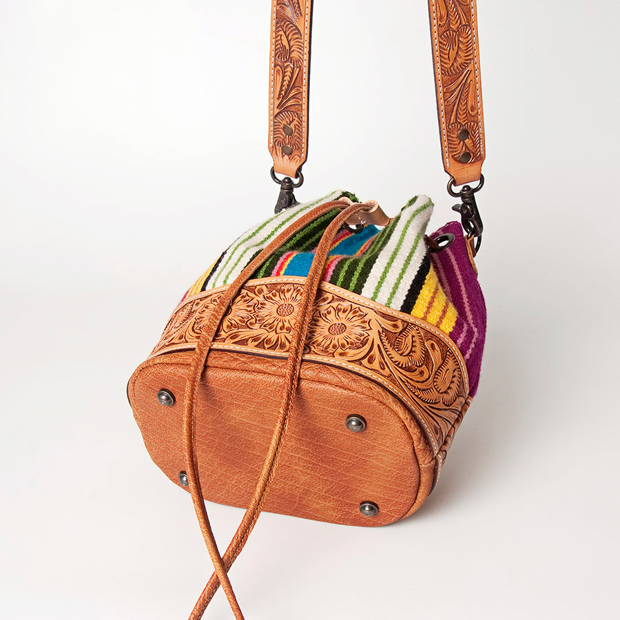American Darling Bucket Bag Hand Tooled Floral Carved Hand Woven Saddle Blanket Leather Purse with YKK Zipper