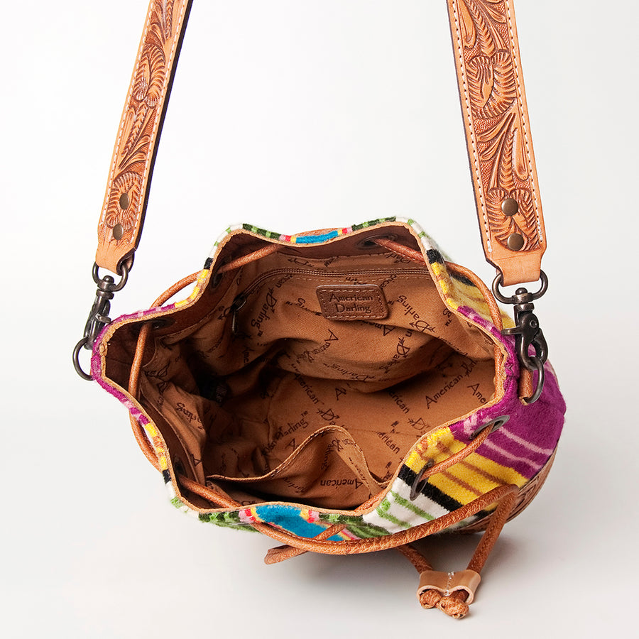American Darling Bucket Bag Hand Tooled Floral Carved Hand Woven Saddle Blanket Leather Purse with YKK Zipper