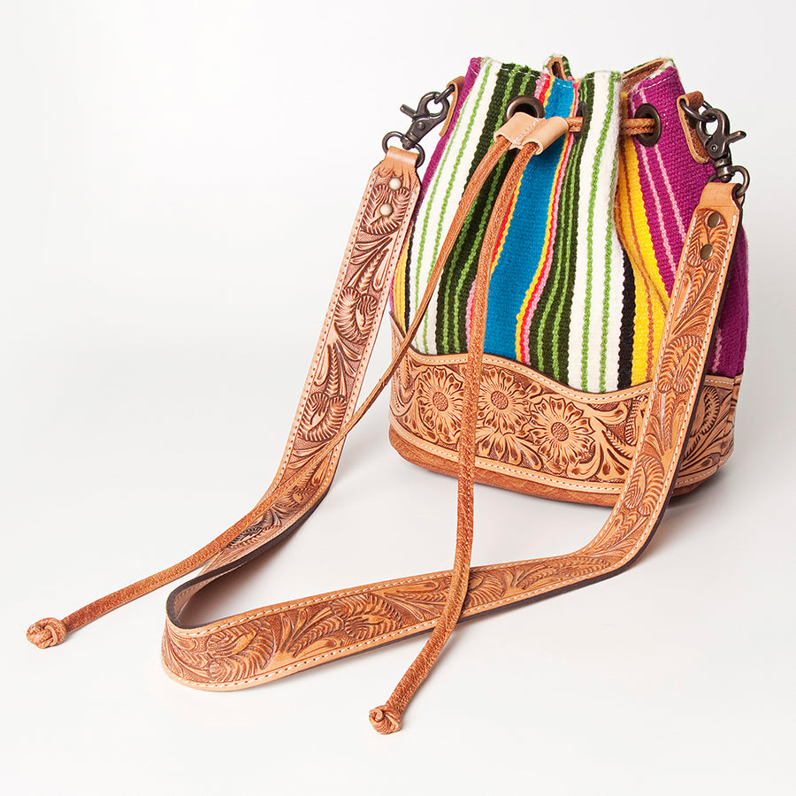 American Darling Hand Tooled Floral Leather and Woven Saddle Blanket Western Bucket Bag - Uhorse