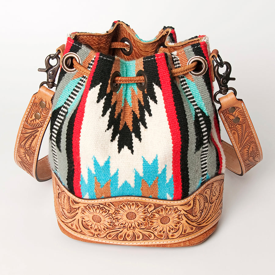 American Darling Bucket Bag Hand Tooled Floral Carved Hand Woven Saddle Blanket Leather Purse with YKK Zipper