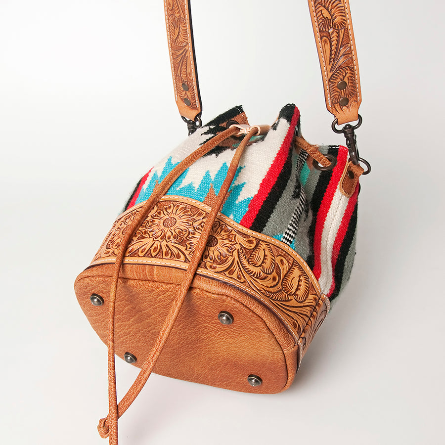 American Darling Bucket Bag Hand Tooled Floral Carved Hand Woven Saddle Blanket Leather Purse with YKK Zipper