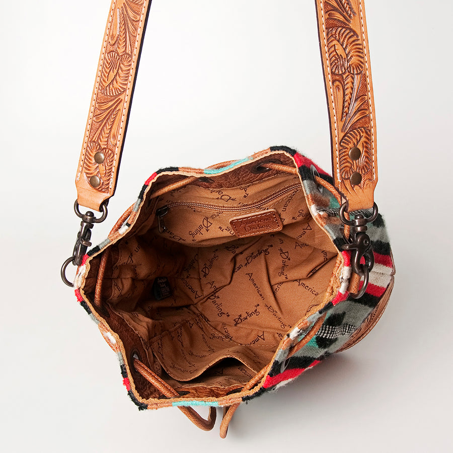 American Darling Bucket Bag Hand Tooled Floral Carved Hand Woven Saddle Blanket Leather Purse with YKK Zipper