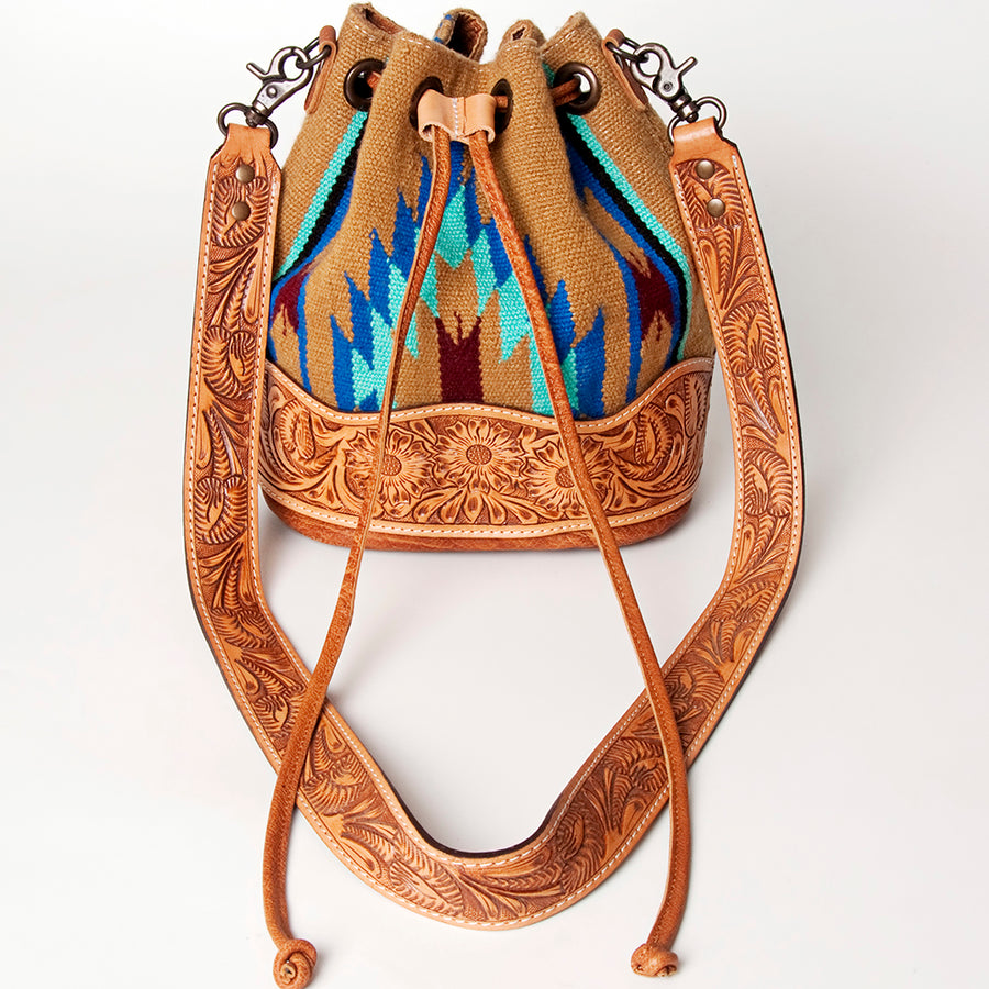 American Darling Bucket Bag Hand Tooled Floral Carved Hand Woven Saddle Blanket Leather Purse with YKK Zipper