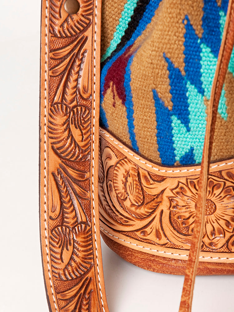 American Darling Bucket Bag Hand Tooled Floral Carved Hand Woven Saddle Blanket Leather Purse with YKK Zipper