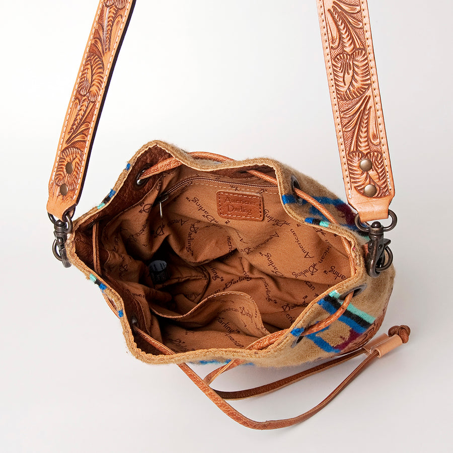 American Darling Bucket Bag Hand Tooled Floral Carved Hand Woven Saddle Blanket Leather Purse with YKK Zipper
