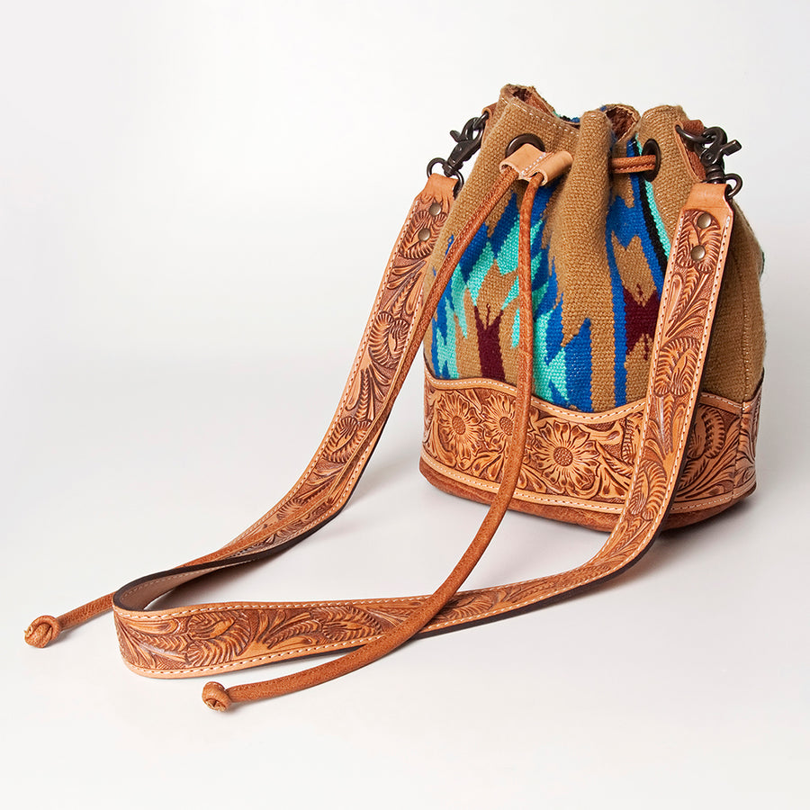 American Darling Hand Tooled Floral Leather and Woven Saddle Blanket Western Bucket Bag - Uhorse