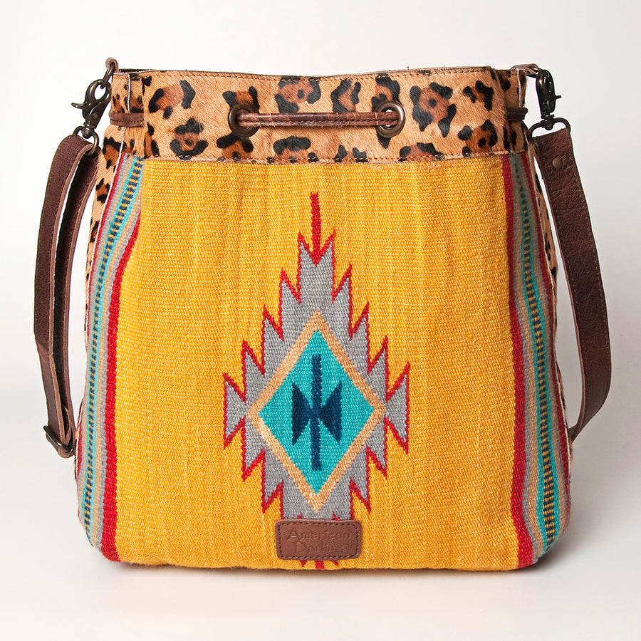 American Darling Bucket Bag Hand Woven Saddle Blanket Hair-On Cowhide Genuine Leather Western Purse with YKK Zipper