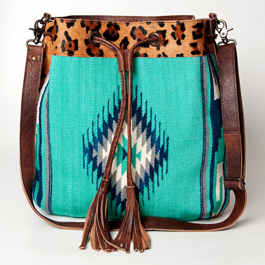 American Darling Bucket Bag Hand Woven Saddle Blanket Hair-On Cowhide Genuine Leather Western Purse with YKK Zipper