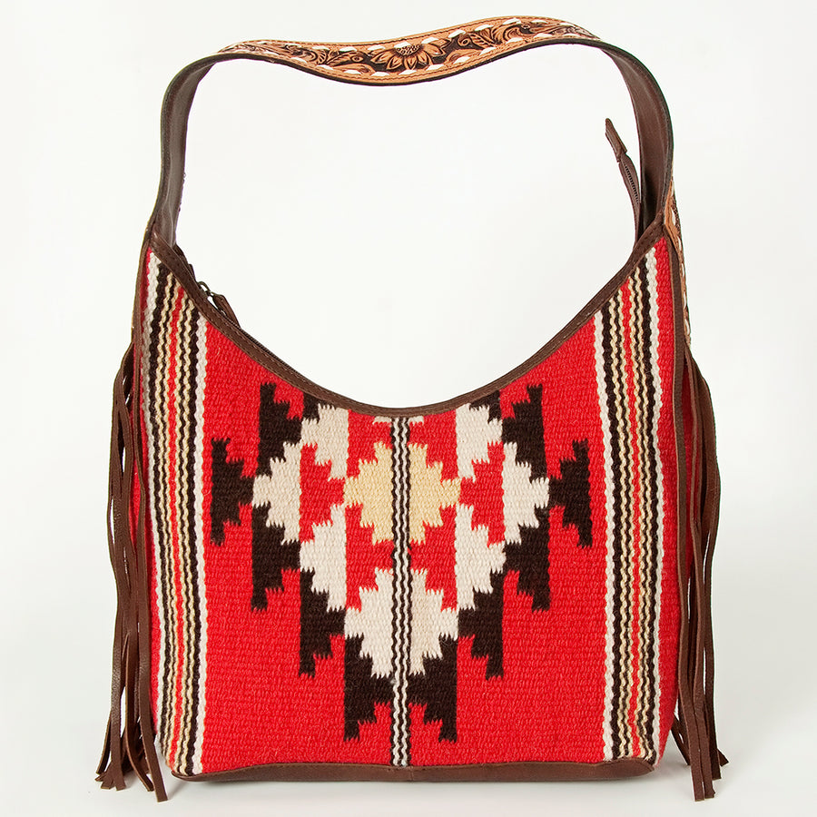 American Darling Hand-Woven Saddle Blanket Hobo Bag Women's Genuine Leather Hand Tooled Purse with Fringes & YKK Zipper