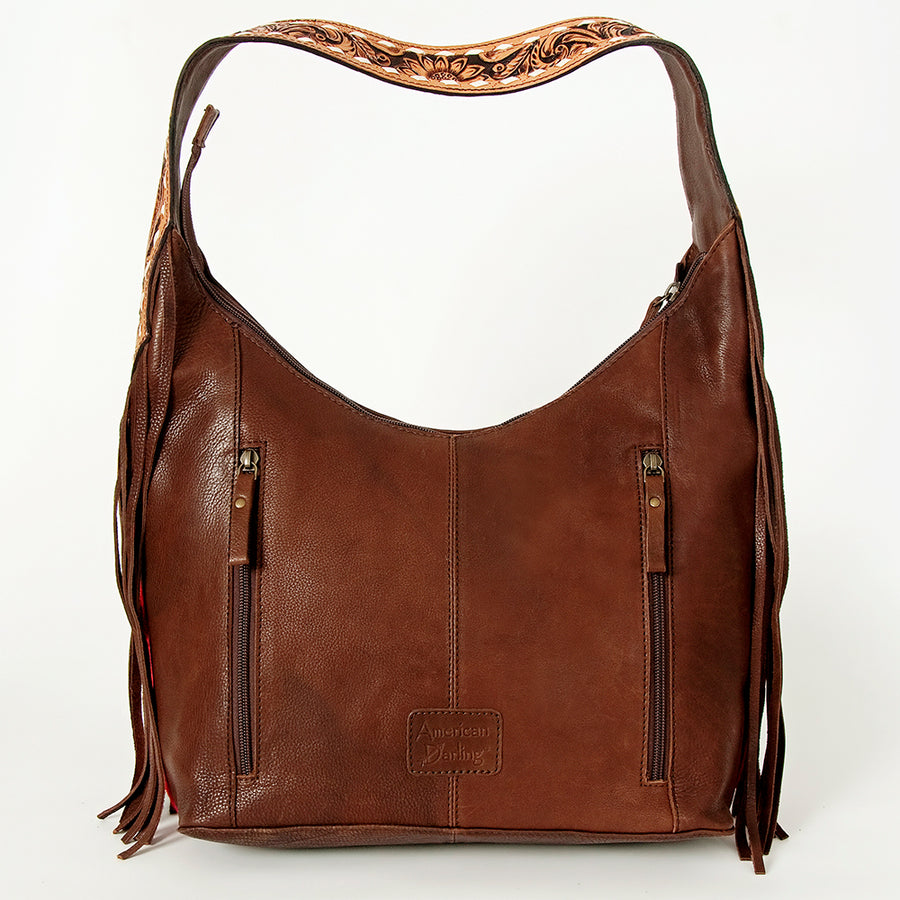 American Darling Hand-Woven Saddle Blanket Hobo Bag Women's Genuine Leather Hand Tooled Purse with Fringes & YKK Zipper