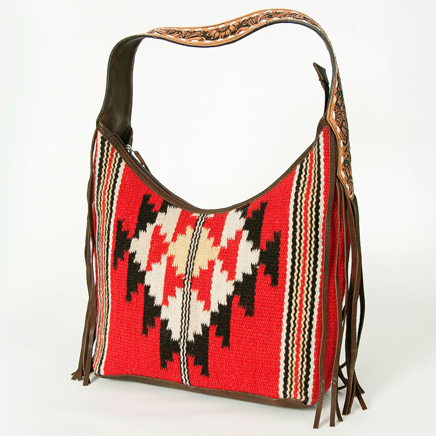 American Darling Hand-Woven Saddle Blanket Hobo Bag Hand Tooled Leather Fringe - Uhorse