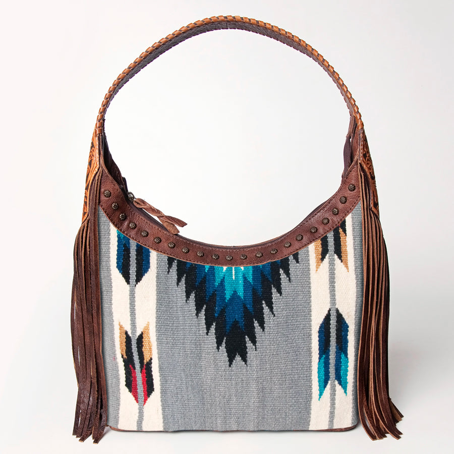 Leather and canvas hobo bag with fringe and geometric pattern - Uhorse