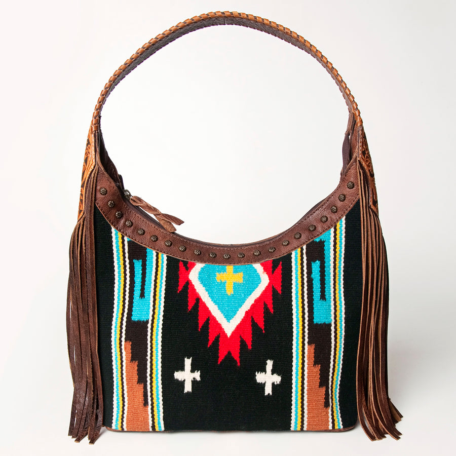 Brown leather hobo bag with geometric woven textile and fringe - Uhorse