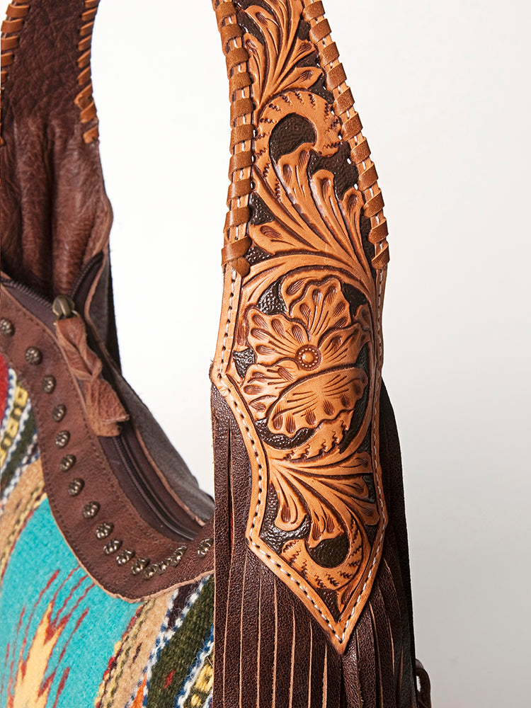 American Darling Hobo Bag for Women, Hand Tooled Floral Leather & Hair-On Cowhide Western Purse with Fringes & YKK Zipper