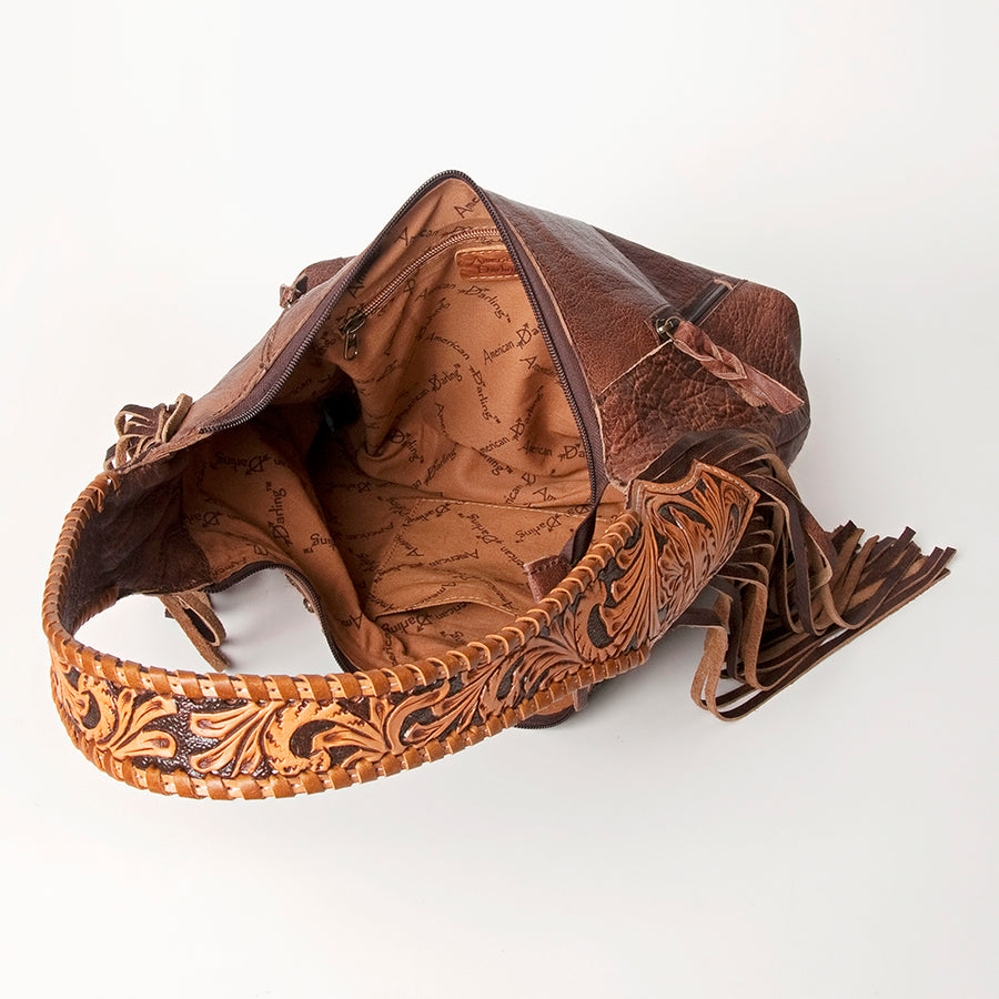 American Darling Hobo Bag for Women, Hand Tooled Floral Leather & Hair-On Cowhide Western Purse with Fringes & YKK Zipper