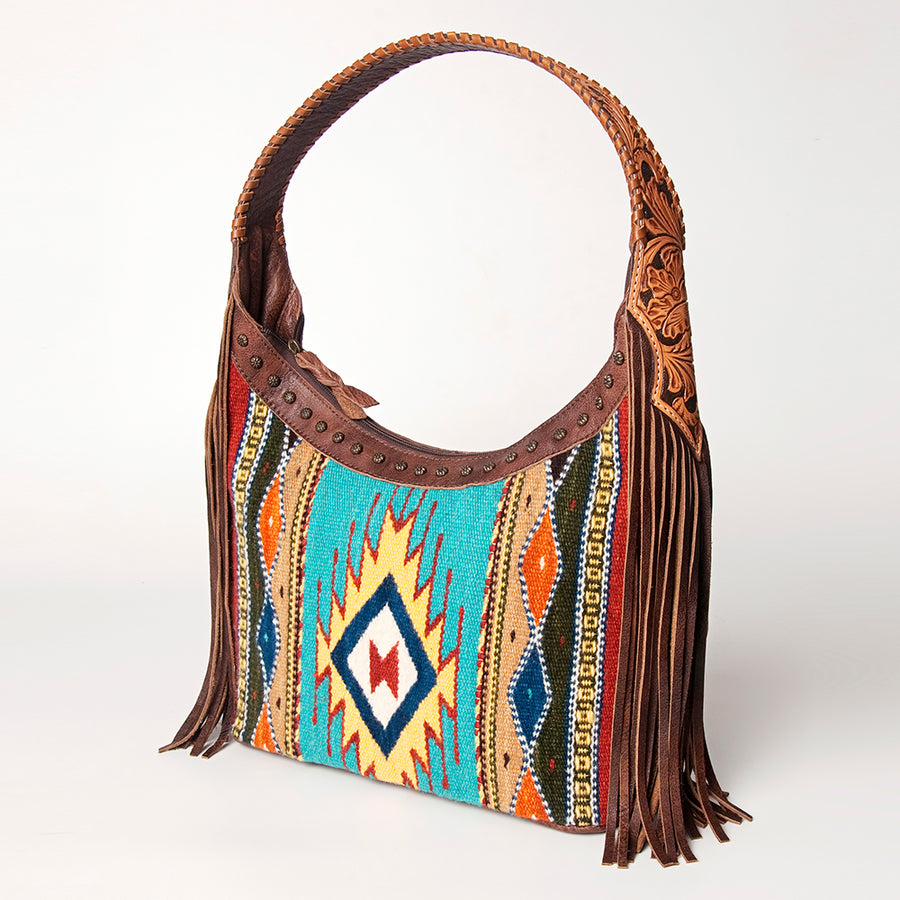 American Darling Hand Tooled Leather Hobo Bag with Hand Woven Saddle Blanket and Fringes - Uhorse