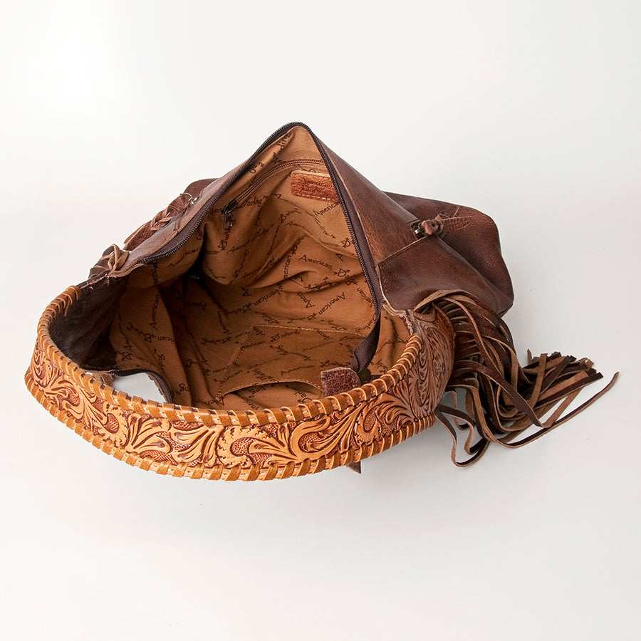 American Darling Hobo Bag for Women, Hand Tooled Floral Leather & Hair-On Cowhide Western Purse with Fringes & YKK Zipper