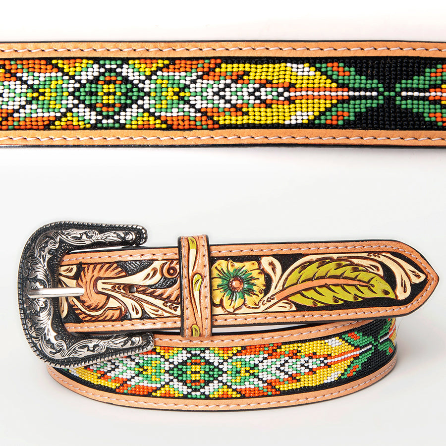 Beautifully Hand Tooled Hand Painted Genuine American Leather Belt Men and Women Beaded - Uhorse