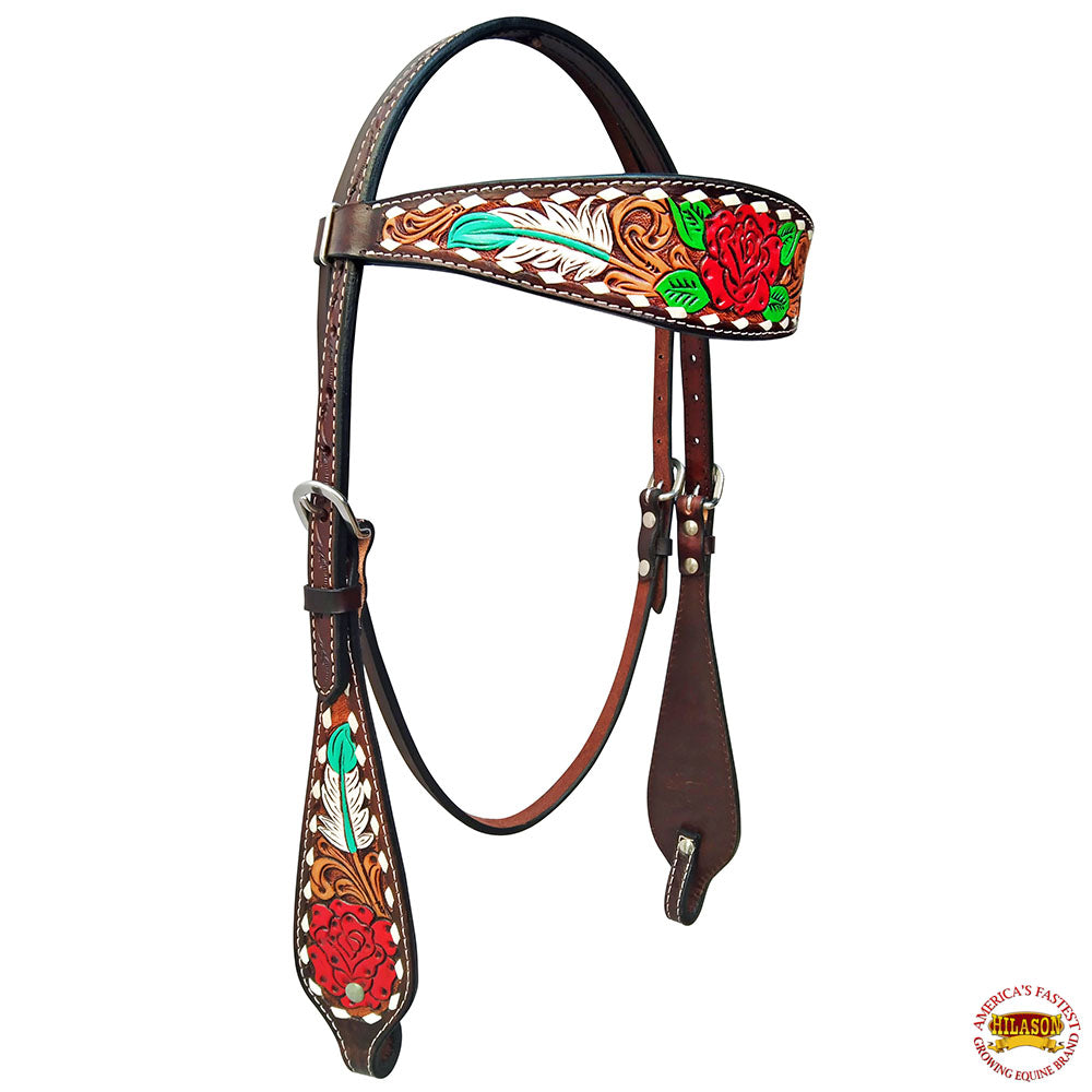 HILASON Western Horse Floral Headstall Breast Collar Set American Leather Rose With Tan