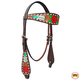 HILASON Western Horse Floral Headstall Breast Collar Set American Leather Rose With Tan