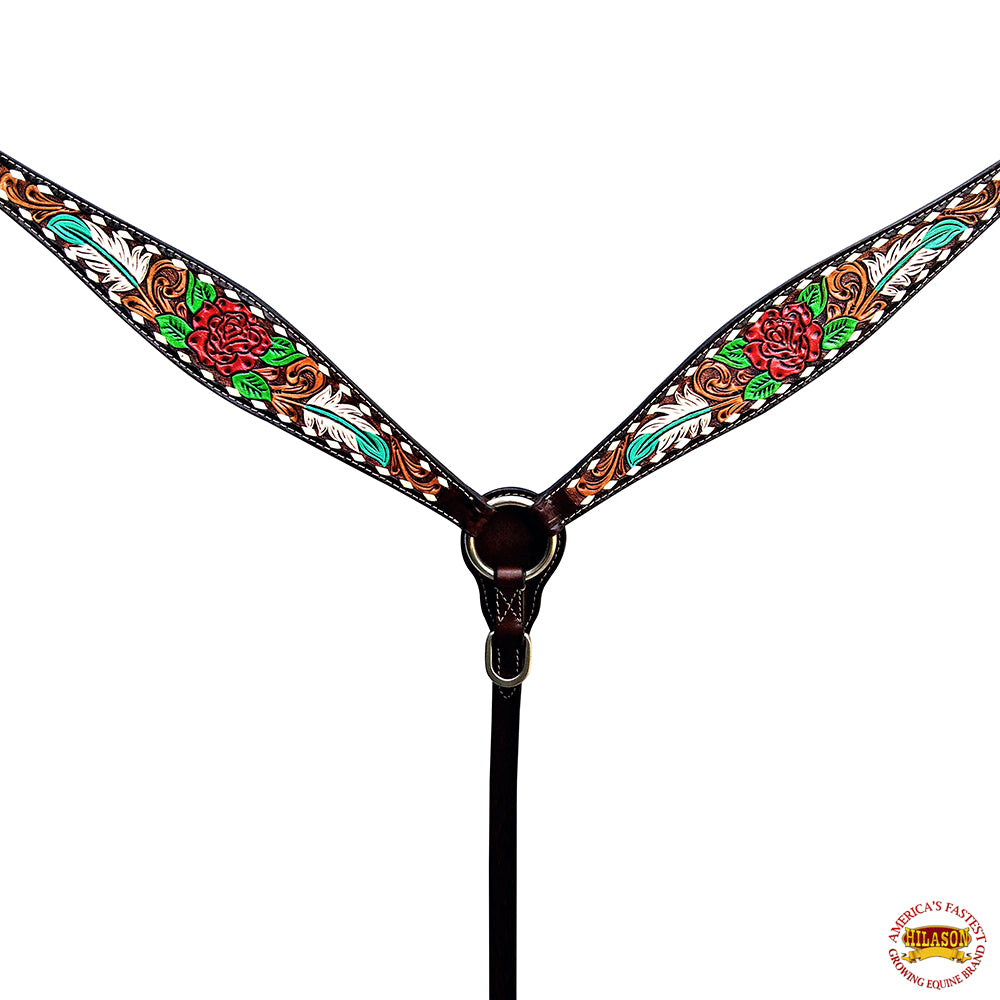 HILASON Western Horse Floral Headstall Breast Collar Set American Leather Rose With Tan