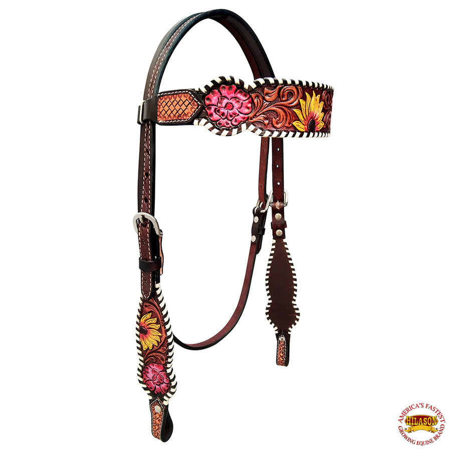 HILASON Western Horse Headstall Breast Collar Set American Leather Dark Brown with Sunflower | Tack for Horses