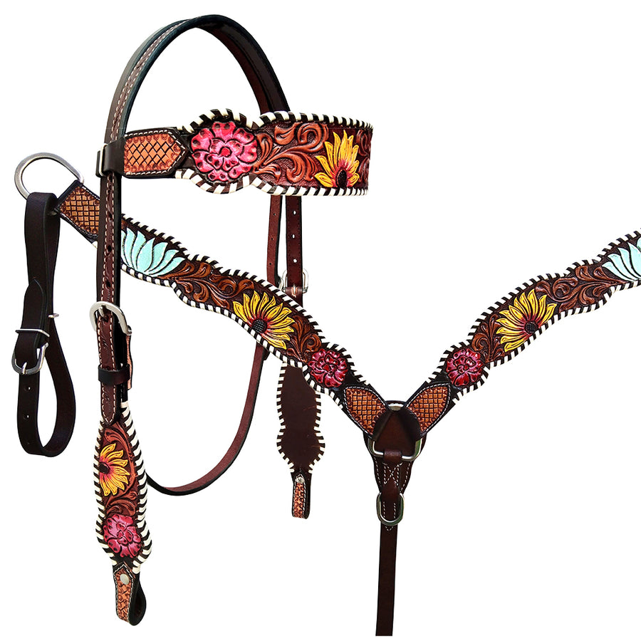 HILASON W. H. Headstall Breast Collar Set American Leather Floral – by Hilason – Cowboy and equestrian accessories