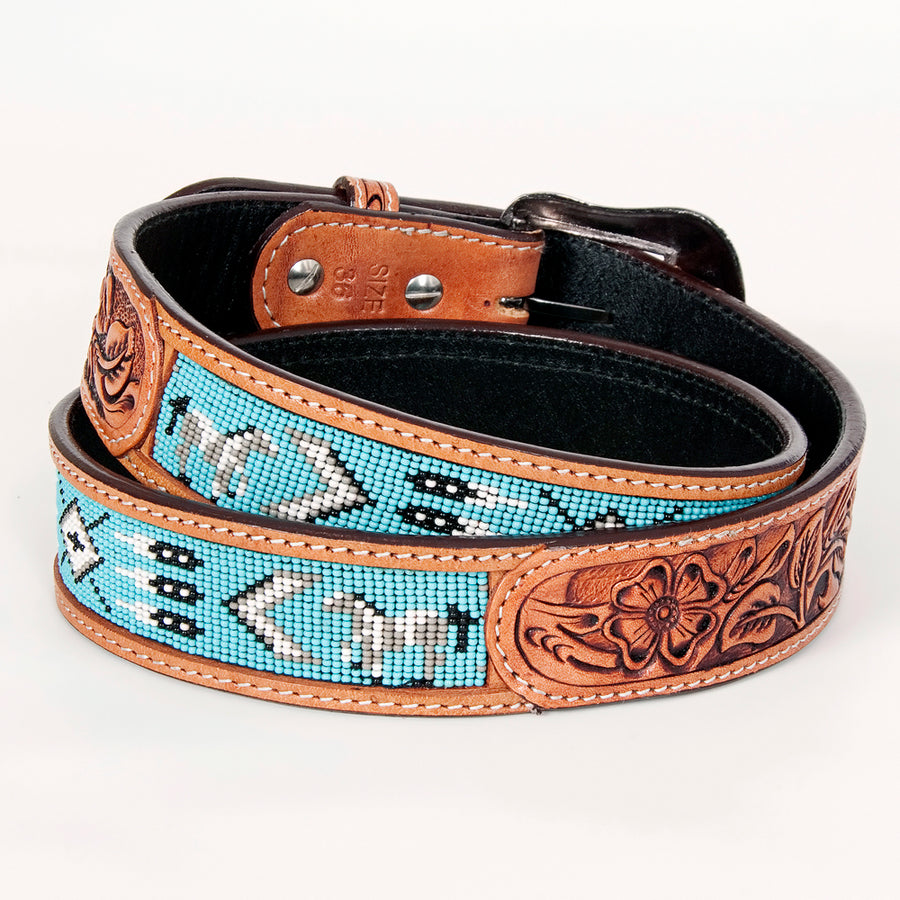 Bar H Equine Hand Tooled Genuine Leather Crafted Unisex Tan Western Belt Beaded Carving | Bead Belts for Women Men