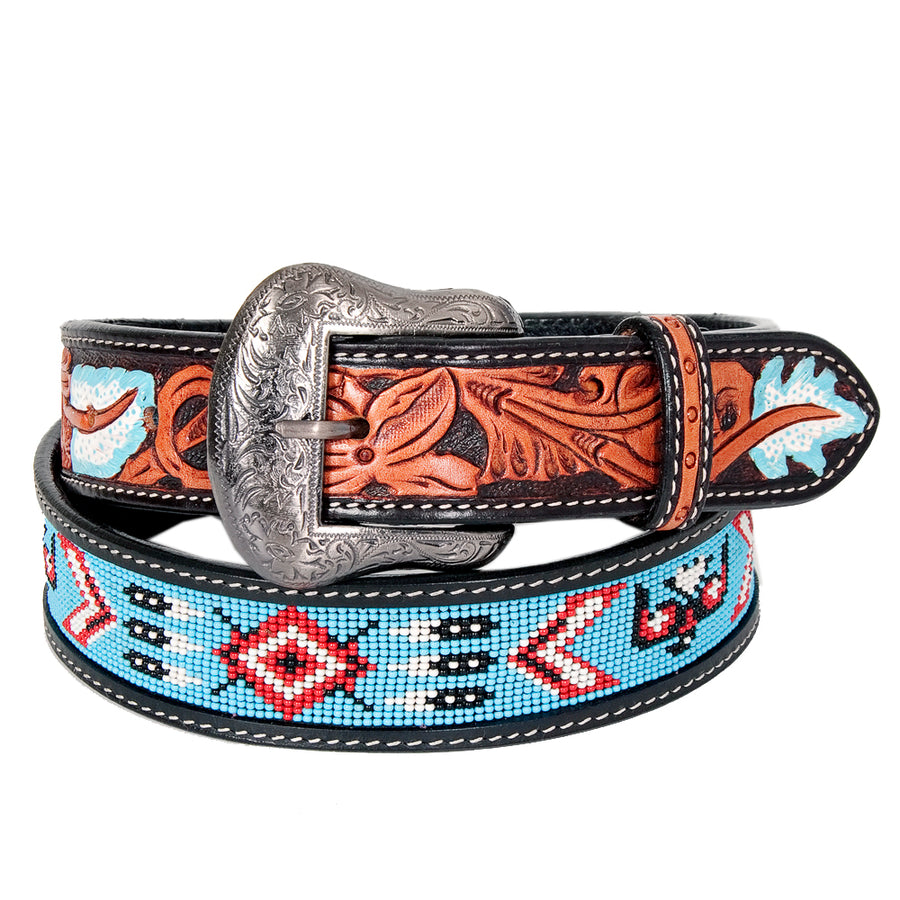 Bar H Equine Hand Carved Western Leather Belt Men Women Beaded Large - Uhorse