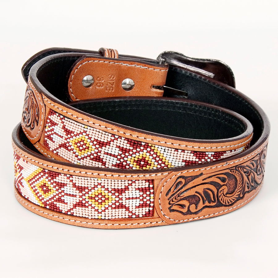 Bar H Equine Hand Tooled Genuine Leather Crafted Unisex Tan Western Belt Beaded Carving | Bead Belts for Women Men Bea