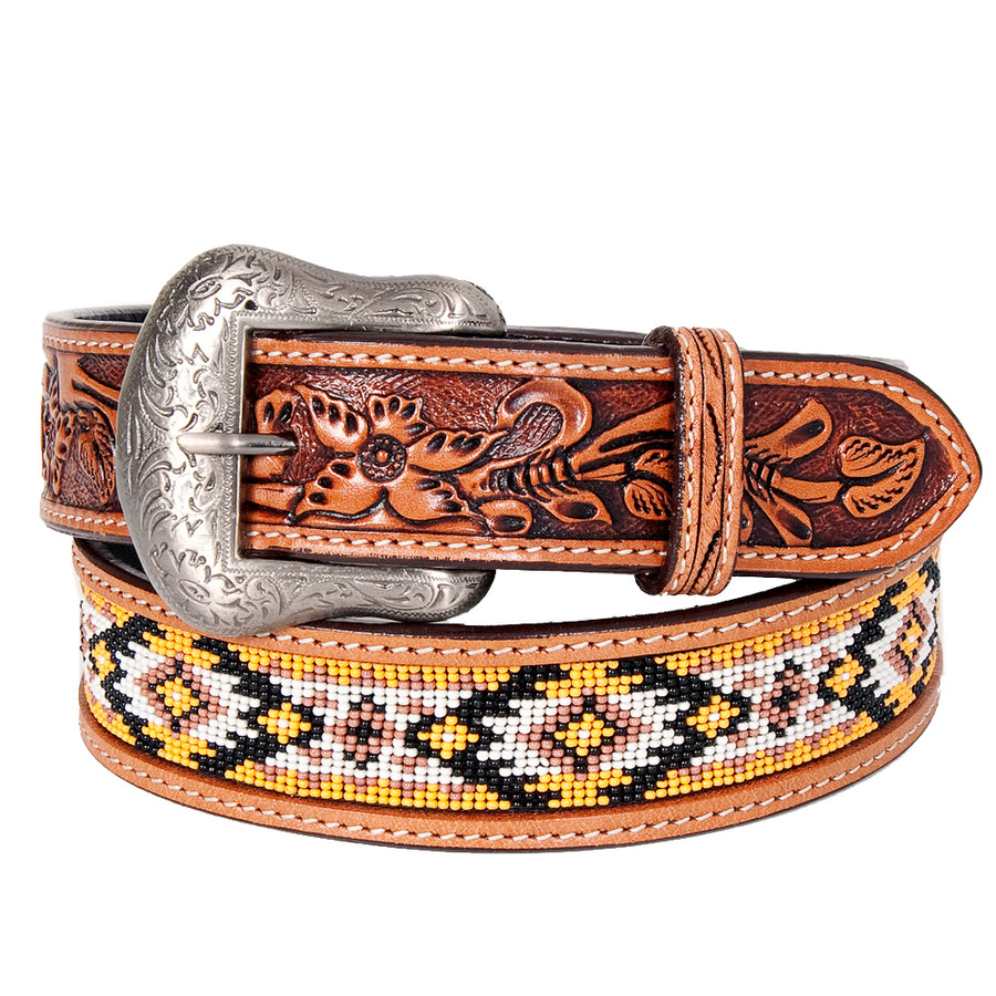 Bar H Equine Hand Carved Western Leather Belt Men Women Beaded Medium - Uhorse