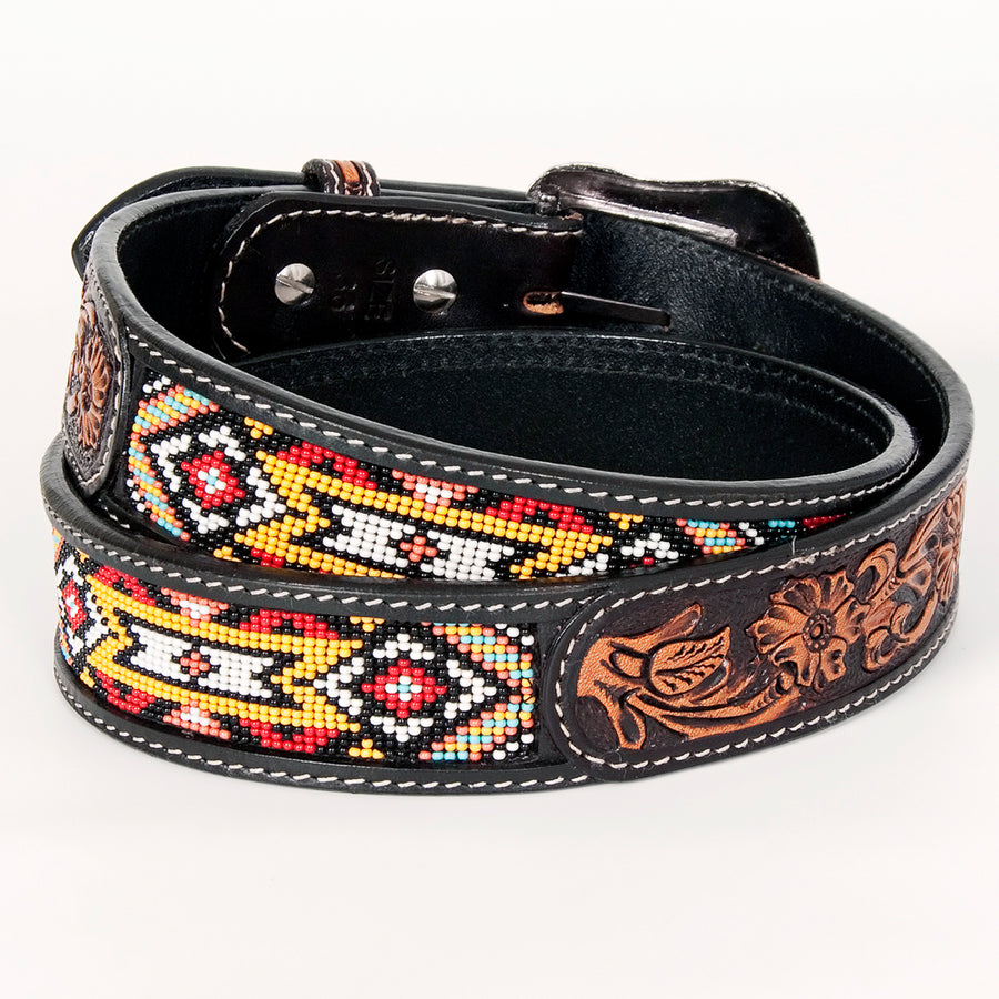 Bar H Equine Hand Tooled Genuine Leather Crafted Unisex Black Western Belt Beaded Carving | Bead Belts for Women Men B